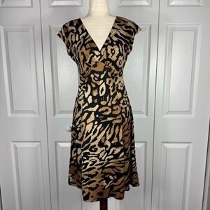 Merona Women's XS Animal Print Fitted Midi Dress Brown Black V Neck